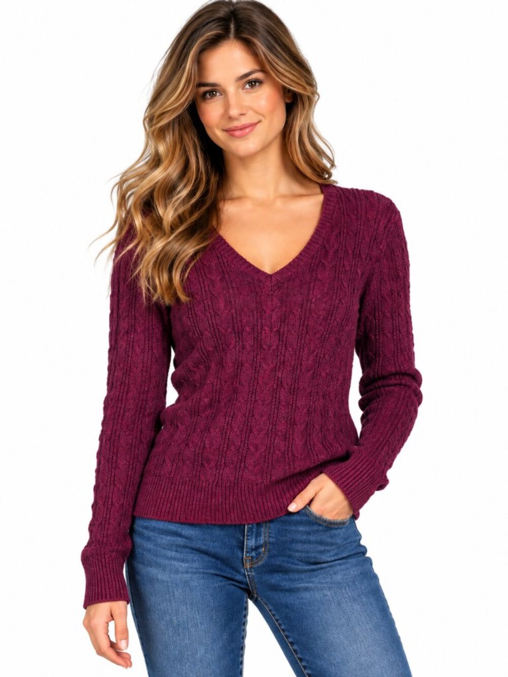 St. Johnβs Bay Cable Knit V-Neck Sweater Size L Preppy